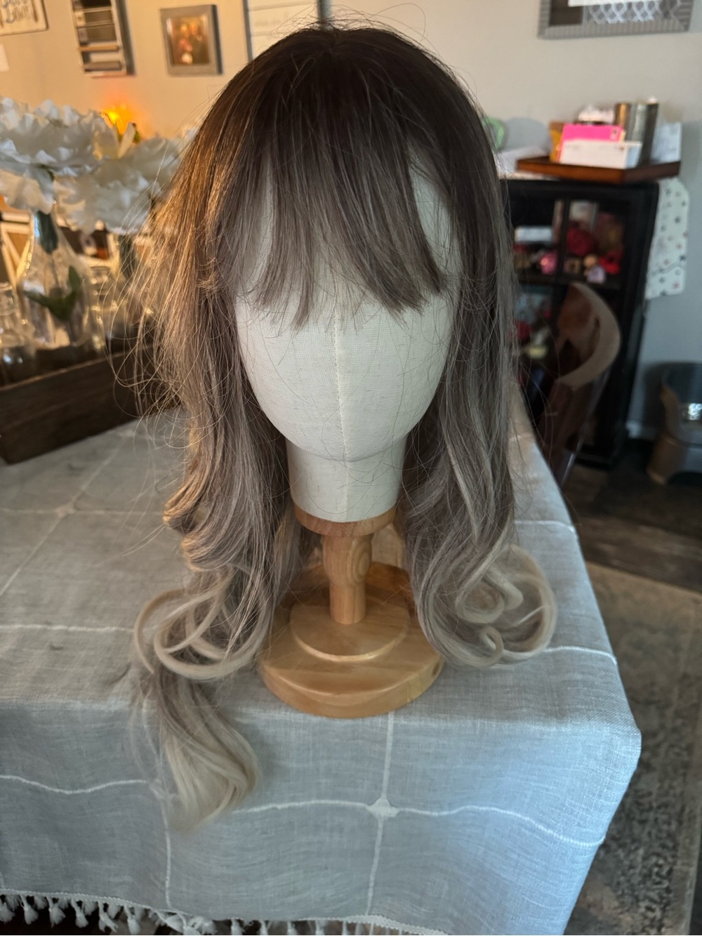 Synthetic Long Layered Wig with Bangs in Ash Brown to Blonde Ombre